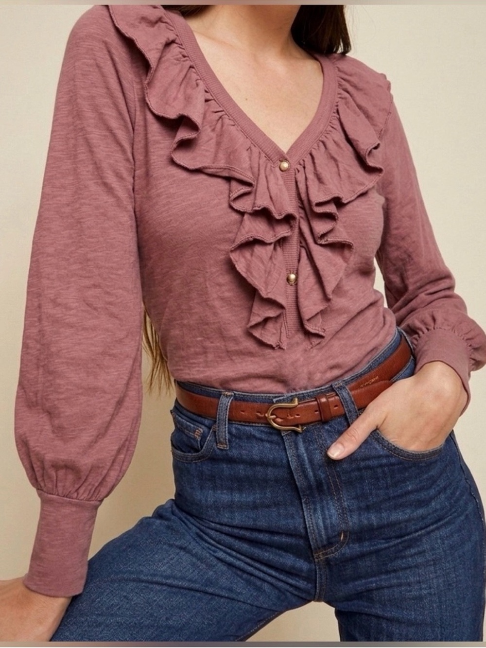 Nation LTD Lalita Ruffle Henley Longsleeve Large Dusty Rose Mauve/Pima Cotton